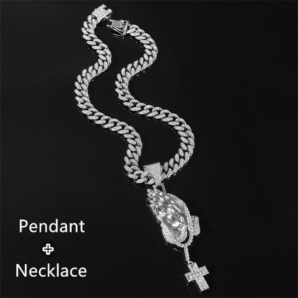 Hip Hop Prayer Hands Cross Pendant Necklace 13mm with Cuban Chain Pink Crystal Iced Out Bling Hip Hop Jewelry Necklaces Street Dance Accessories Fash Matron Inn