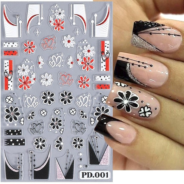 Glitter Daisy 5D Embossed Nail Sticker With Crystal Rhinestone Heart Petals French Slider Clown Spider Halloween Nail Decoration
