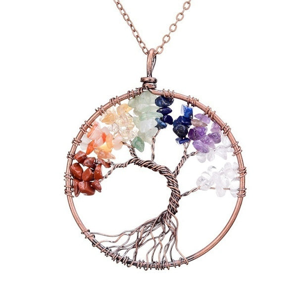 Tree of Life Pendant Necklaces Real Copper Natural Stone Necklace 7 Chakra Reiki Healing Crystal Necklace Yoga Wedding Jewelry Accessories