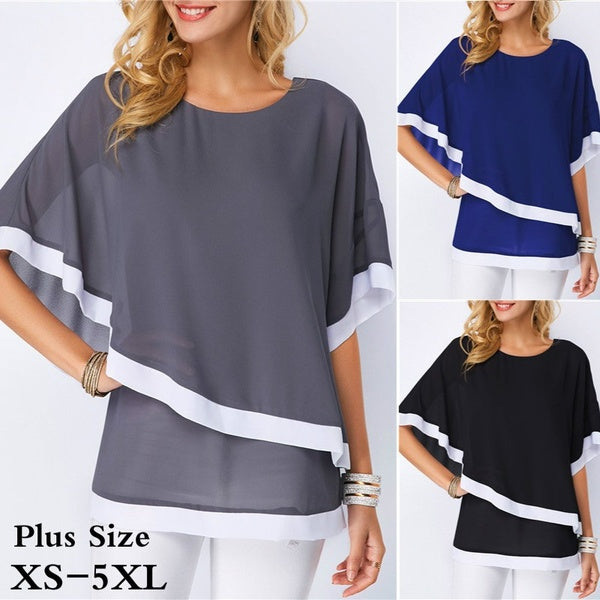 Summer Women Chiffon Blouses Shirts O Neck Bat Sleeve Double Irregular Solid T-shirt Fashion Casual Ladies Tops Blouse Plus Size