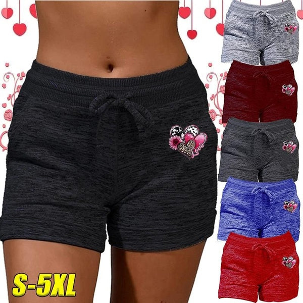 Womens Fashion Summer Outdoor Sports Pants Casual High Waisted Lace Up Drawstring Women Shorts Ladies Cute Heart Pattern Printed Running Yoga Short P