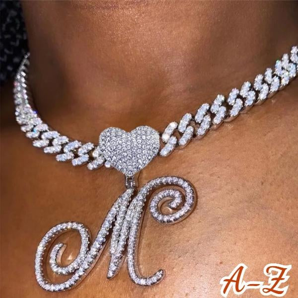 Luxury Iced Out Cuban Choker Cursive Letters Pendant Necklace for Women Men Initial Name Zircon Chain Necklace Hip Hop Jewelry