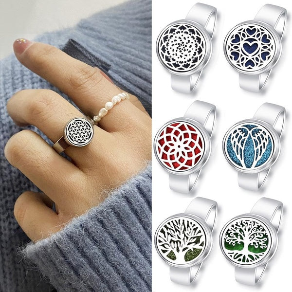 Fashion Tree Of Life Aromatherapy Ring Stainless Steel Spiral Open Perfume Diffuser Locket Heart-Shaped Angel Wing Rings Jewelry