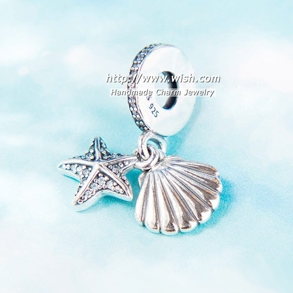 Fashion Jewelry 925 Sterling Silver Tropical Starfish Sea Shell Mint CZ Dangle Charms Beads Fit European Bracelet Necklace & Pendant