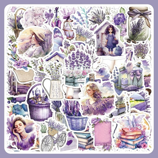 10-60pcs Cute lavender stickers Aesthetic Purple flowers Stickers For Stationery Laptop Guitar Craft Supplies Scrapbook Sticker Vintage Scrapbooking