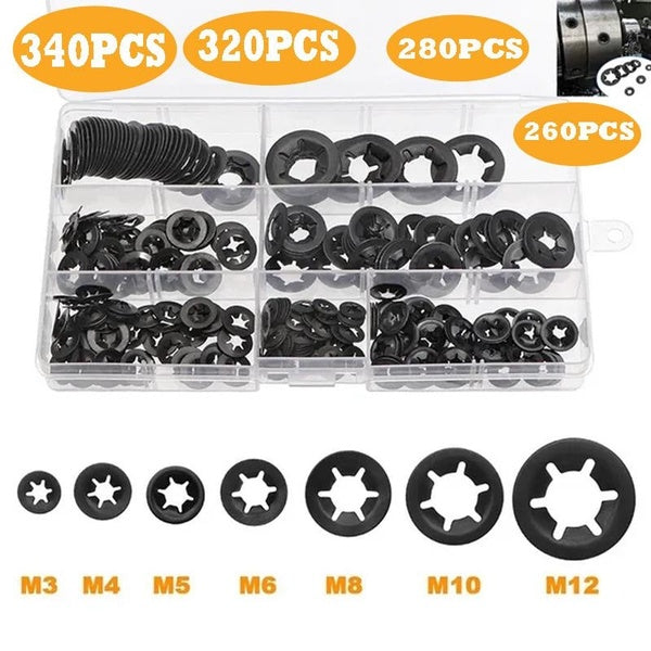 340-320-280-260-120PCS M3-M12 Metal Starlock Washer Push-on Locking Washer Fasten Assortment Kit