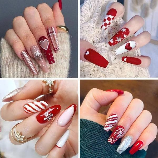 Christmas Artificial Nails Red White Striped Fake Nails Long Almond Snowflake Decor False Nails Love Heart Press on Nails with Glue for Womens Girls