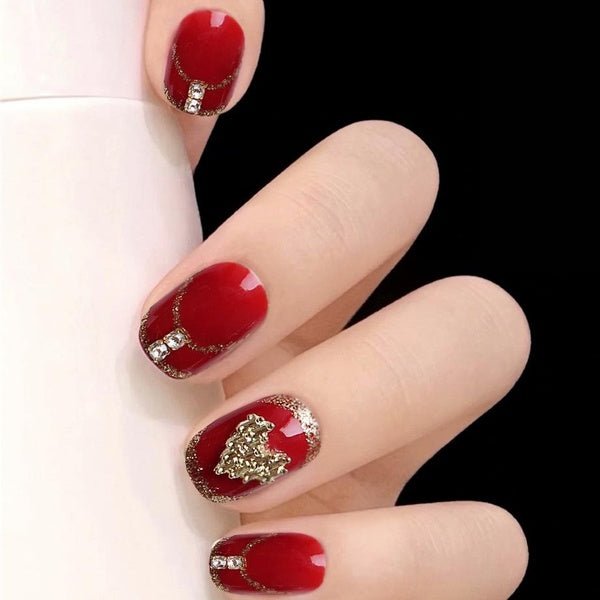 3D Bow Press On Nails Red Gold Heart Diamond Wearable Nails Gradient Snake Shaped False Nails Fake Nails With Glue for Valentine's Day