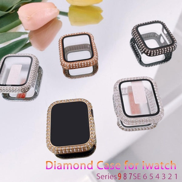 Diamond case with tempered glass film for Apple Watch 41mm 45mm 40mm 44mm 38mm 42mm for iwatch Accessories cover +Screen Protector For Apple watch se