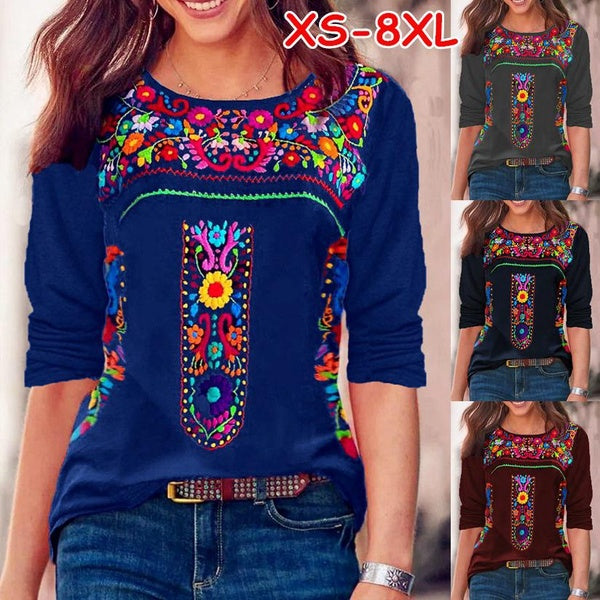 XS-8XL Autumn and Winter Fashion Women's Clothes Round Neck Long Sleeved T-shirt Ladies Retro Ethnic Style Floral Printed Blouses Loose T-shirts Plus