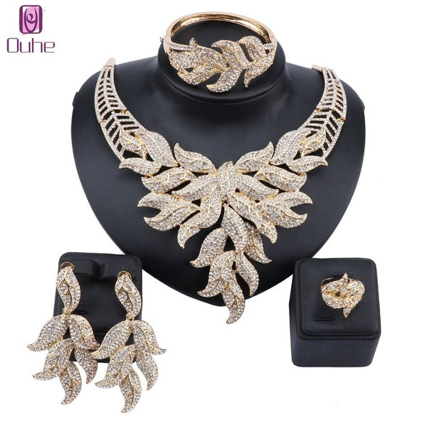 Fashion Bridal Full Rhinestone Necklace Earring Set Dubai Luxury Wedding Jewelry Set Gold Color Women's Costume Jewellery Gifts