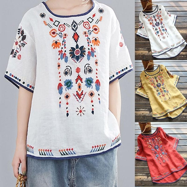 Womens Embroidered Blouse Cotton Linen Short Sleeve Tops Boho Blouses Mexican Tunic Tops Casual T Shirts