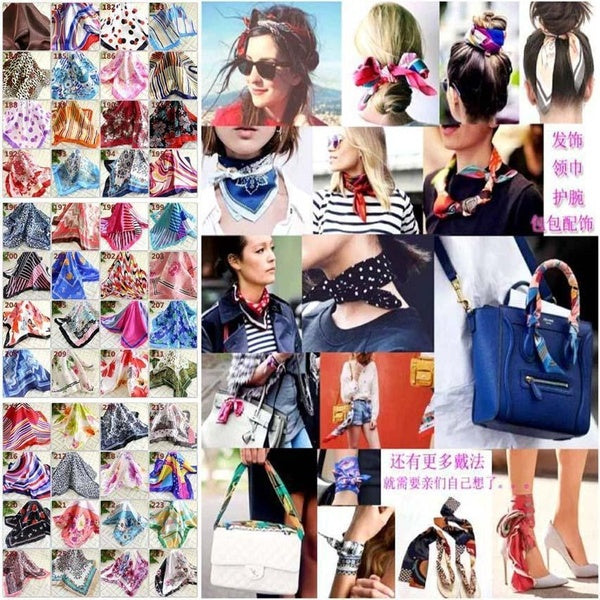 Multicolor Floral Printed Chains Silk Scarves for Women Silk Shawl 50 x 50cm