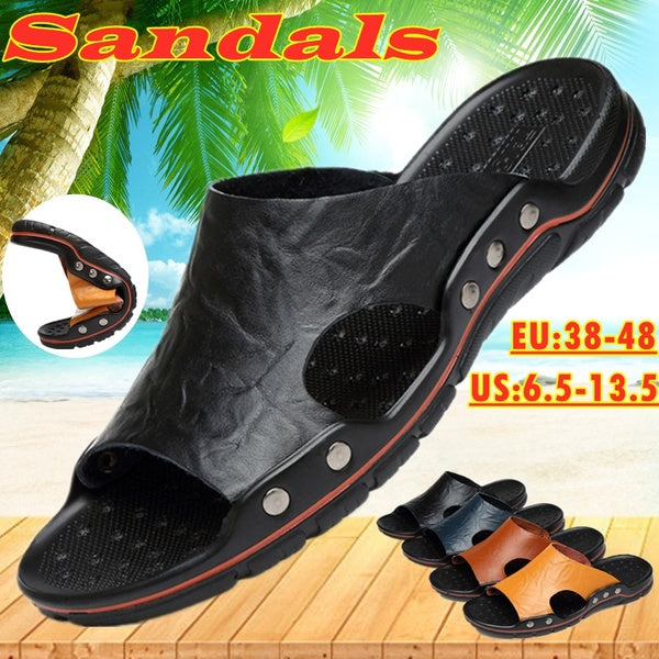 Men's Breathable Leather Slippers Summer Beach Fashion Rivet Studded Sandals Casual Flats