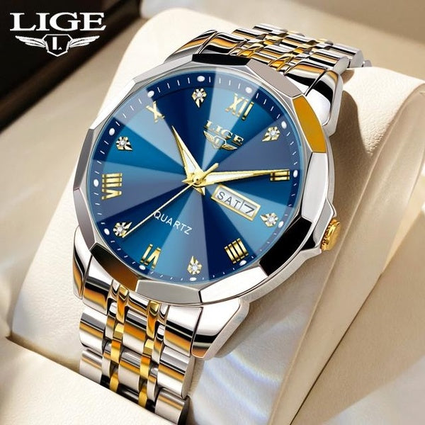 LIGE Montre à Quartz en Acier pour Hommes Classique Conception Simple Montres étanche Montre-Bracelet d'affaires écran HD Date Semaine Montres pour H