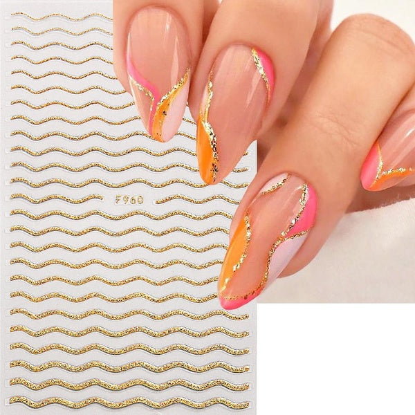 3D French Reflective Nail Stickers Gold Silver Glitter Stripe Lines Swirl Wave Lines Nail Art Slider Manicure Accessories NLF960