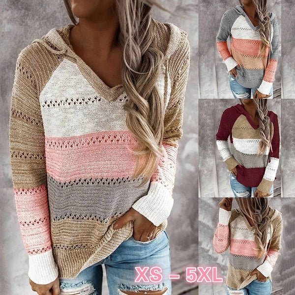 Women's Fashion Winter Casual Hooded Sweater Knitted Sweatshirt V-Neck Hoodies Loose Coat Knitwear Pullover