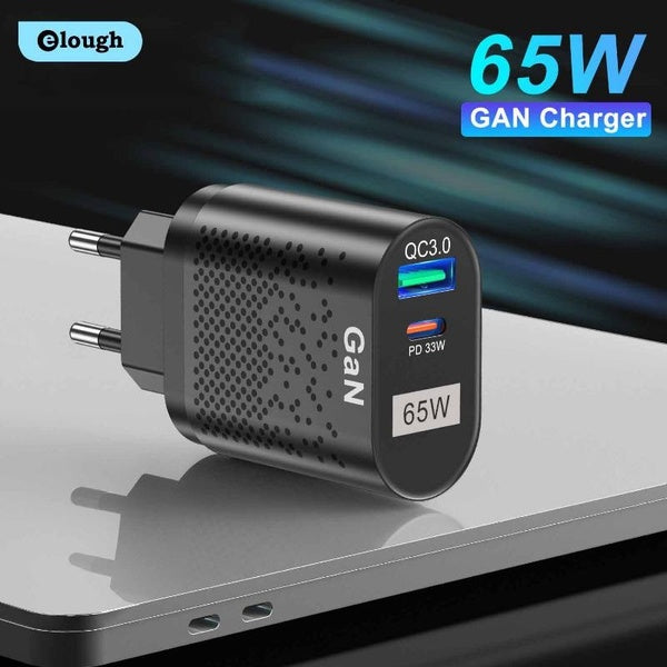Elough 65W GaN 3 Desktop Charger Fast Charger QC 3.0 PD Type C USB Adaptor Quick Charge for iPhone Huawei Wall Chargers