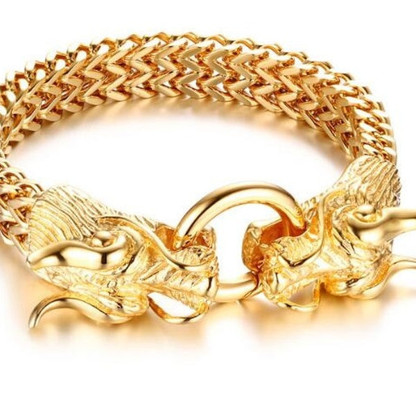 Mens Jewelry Gold 110g Heavy Stainless Steel Figaro Chain Bracelet Biker Double dragon End Charms 12mm 8.8 inch