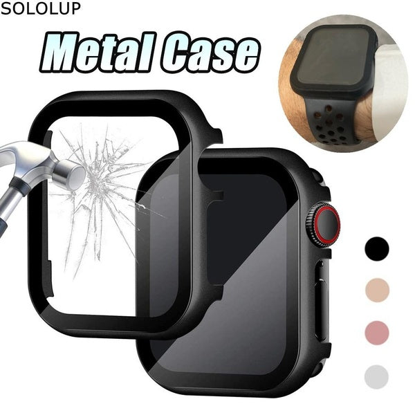 SOLOLUP Tempered Glass with Metal Cover Case for Apple Watch 9 8 7 SE 6 41mm 45mm 44mm 40mm 42mm 38mm Film Aluminum Screen Protector Accessories for