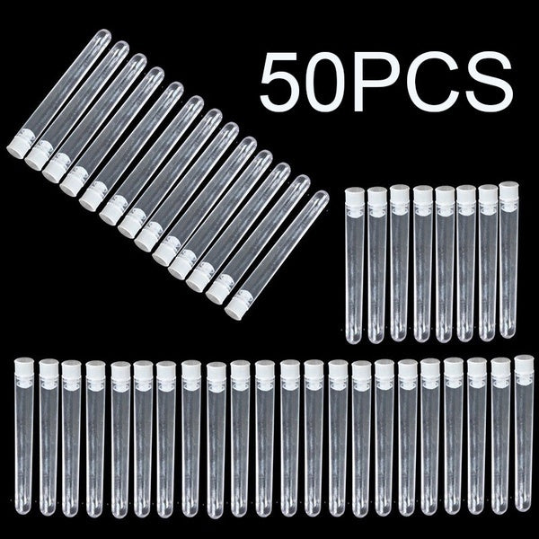 50 pièces flacons de Tubes à essai en plastique Transparent Transparent 12x75mm-12x100mm-15x100mm-16x100mmetc avec bouchons poussoirs []