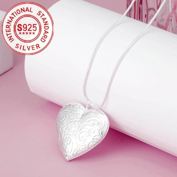 925 Sterling Silver Flower Pattern Heart Photo Frame Pendant Snake Chain Necklace for Fashion Womens Charm Wedding Fashion Exquisite Jewelry Gift