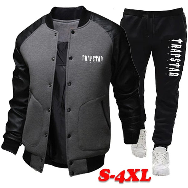 Autumn Winter Tracksuit Men Baseball Jackets + Sweatpant Two Piece Sets Outdoor Warm Sports Wear for Men Long Sleeve Printed Jogging Suit Cool Zipper