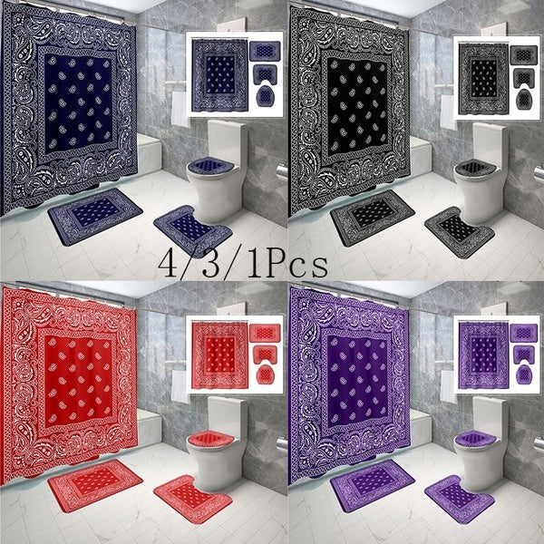 1-3-4 Pcs 3D Print Bandana Bathroom Non-slip Mat Set Waterproof Shower Curtain Toilet Lid Cover Bath Mat Rugs Set