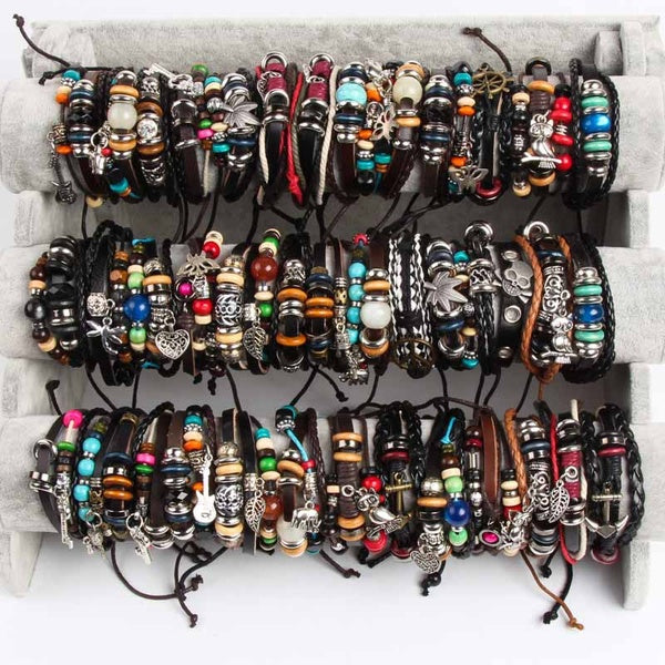 En gros 30 pcs-Lot Perle À La Main Vintage Pendentif À La Main En Cuir Charme Punk Biker Bohème Tribu tibétaine Rétro Bracelets Pour Hommes Femmes Mo