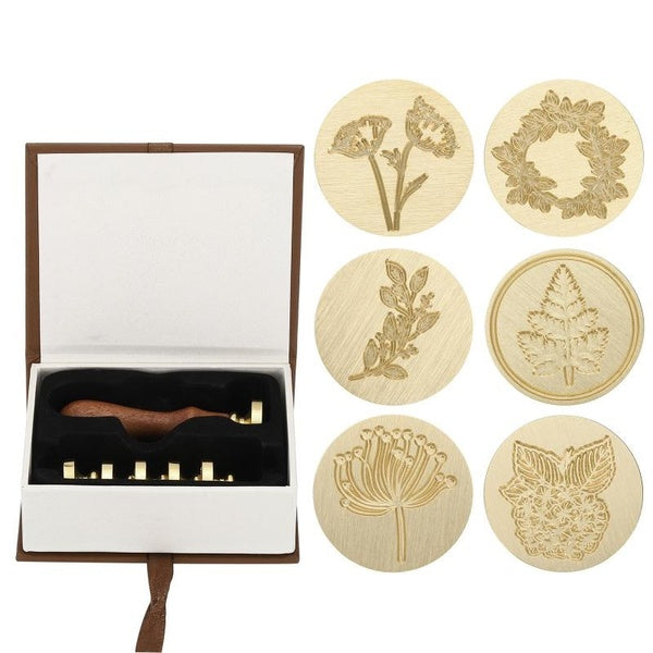 Plant Wax Seal Stamp Kit, Flower Wax Stamp with Wooden Handle, Gift Box Leaves Branch Brass Head Vintage Decoration