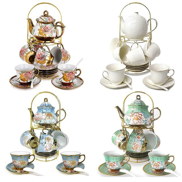 20 Pcs European Titanium Gold Tea Set,Printing Vintage Ceramic Tea Set Service Coffee Set,For Household（6 Ceramic Cups + 6 Spoons + 6 Cup Mats + 1 P