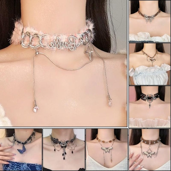 Women's Butterfly Necklace Plush Collar Necklace Patchwork Necklace Versatile Choker Clavicle Chain Flower Chain Luxurious Accessory Fashion Jewelry
