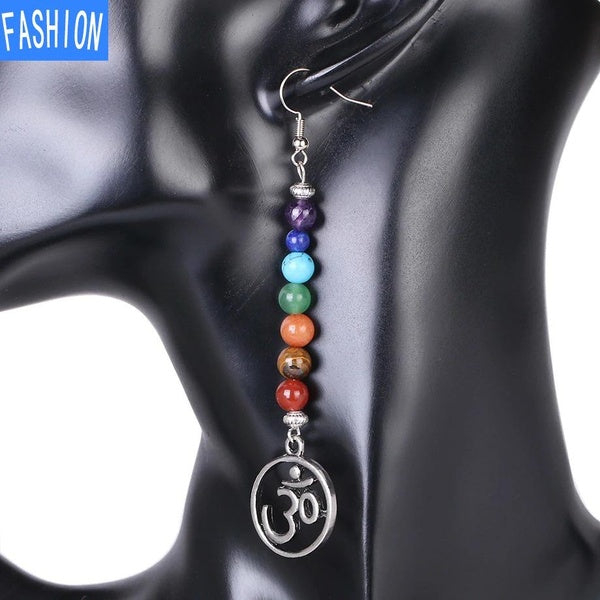Yoga Seven Chakra Jewelry Om Aum Symbol Meditation Jewelry Natural Crystal Long Women's Earrings