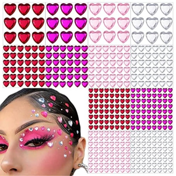 144Pcs-256Pcs-512Pcs Heart Rhinestones Stickers Acrylic Heart Gems Stickers Flat-Back Heart Crystal Stickers for Body Eye Makeup Self-Adhesive Heart
