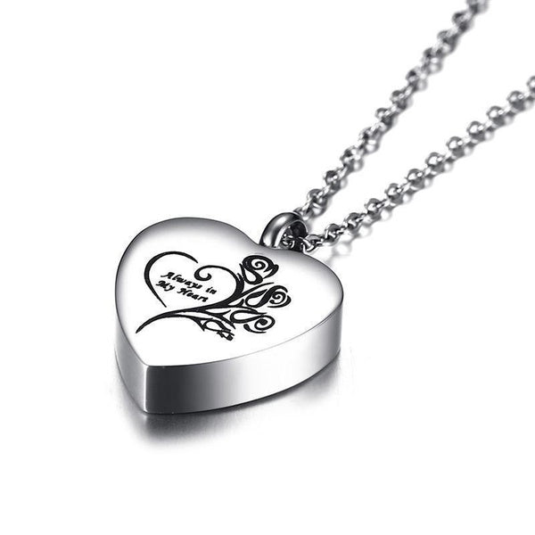 Always in My Heart - Collier pendentif urne funéraire en forme de caur en forme de fleur de vigne en acier au titane pour femmes et hommes Cendres Pe