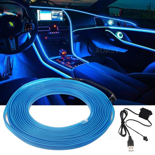 USB Car Interior LED Strip Lights Ambient Lighting Blue Neon Dash Glow Tube 5M 16ft Interior Lighting Decorative Flexible Atmosphere Lamp Accessory