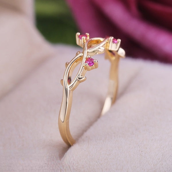 niche charming branch shape ring pink plum leaf Zircon ring simple and versatile index finger branch hand jewelry engagement wedding jewelry girlfrie