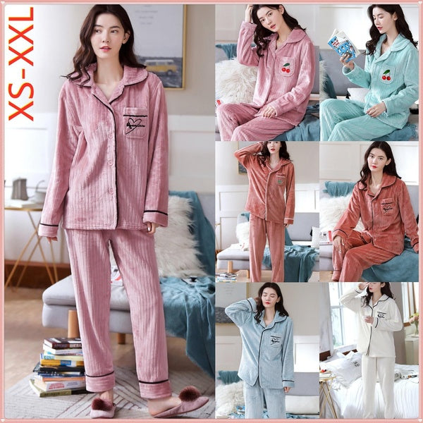 2 pcs Winter Thicken Women Warm Soft Pajamas Female Flannel Pajamas Set Long Sleeve Sleepwear for Ladies Pyjamas