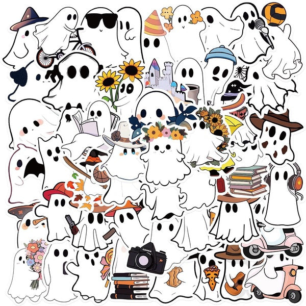 10-50Pcs Cute White Ghost Stickers Funny Ghost Graffiti Stickers for DIY Luggage Laptop Skateboard Motorcycle Bicycle Stickers