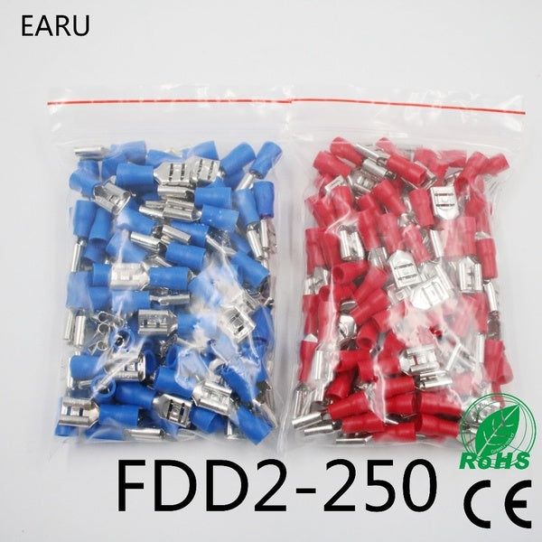 100PCS-Pack FDD2-250 Female Insulated Electrical Crimp Terminal for 1.5-2.5mm2 Connectors Cable Wire Connector
