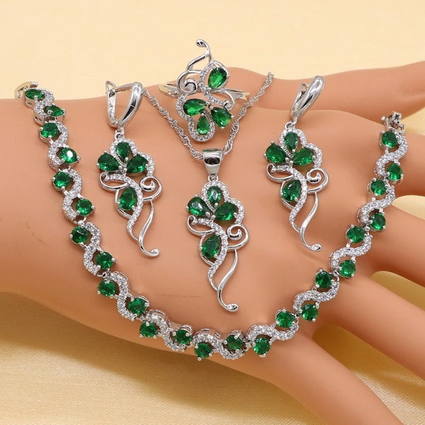 Sterling Silver Jewelry Sets Green Stones Cubic Zirconia Jewelry Sets For Women Earrings-Pendant-Necklace-Ring-Bracelet