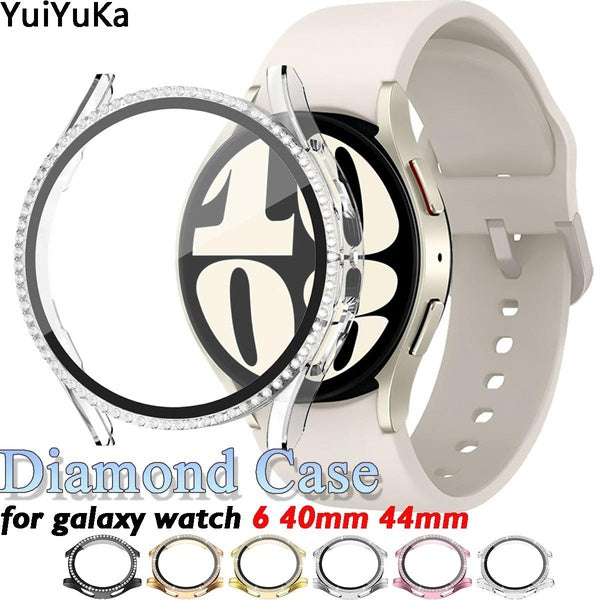 YuiYuKa Temepred Glass with Diamond Case for Samsung Galaxy Watch 6 40mm 44mm Women Screen Protector Accessories Bling PC Bumper+Screen Protector Cov
