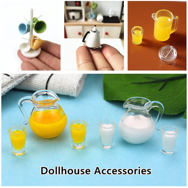 1:12 Dollhouse Mini Juice Jug Set-Cup Holder-Kettle Doll House Accessories Miniature Kids Toy For Barbie Matron Inn