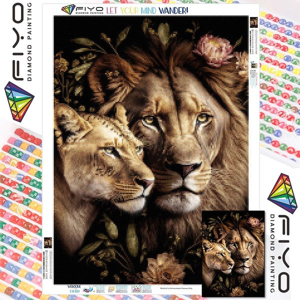 FIYO DIY 5D Lion Diamond Painting Full Drill with Number Kits Home and Kitchen Fashion Mosaic Diamond Painting Canvas Wall Decoration Gift Crafts for