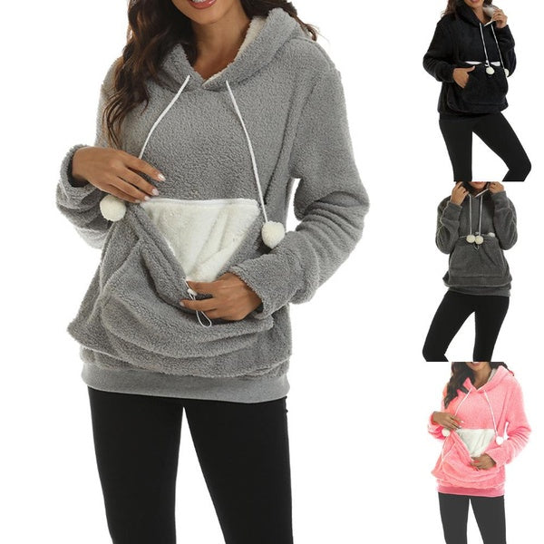 Womens Warm Teddy Bear Fleece Long Sleeve Cat Dog Pouch Pet Carrier Big Pocket Kangaroo Hoodie Hooded Sweatshirt Pullover Tops