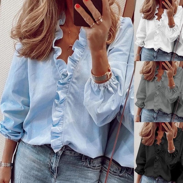 Women's Fashion Ruffles Blouses Ladies Casual Long Sleeve Tshirt Female V Neck Loose Blouse Tops