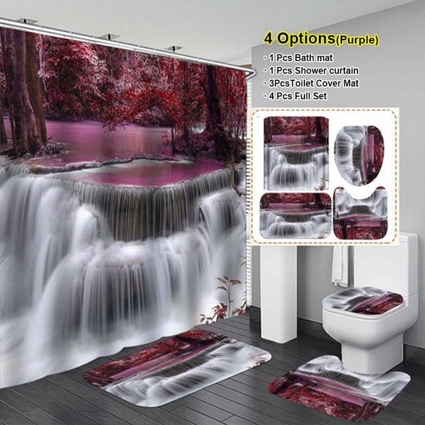 Shower Curtain Set 3D Forest Waterfall Bathroom Shower Curtain Set Waterproof Shower Curtain+ Non Slip Bathroom Pedestal Rug + Toilet Lid Cover + Flo