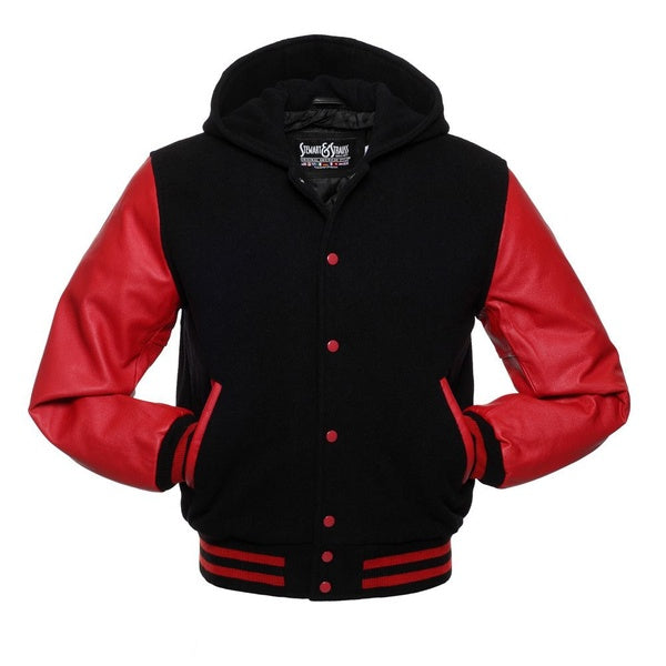Black & Red Hoodie Varsity Wool & Leather Jacket Letterman University Hoodie Jacket With White Rib