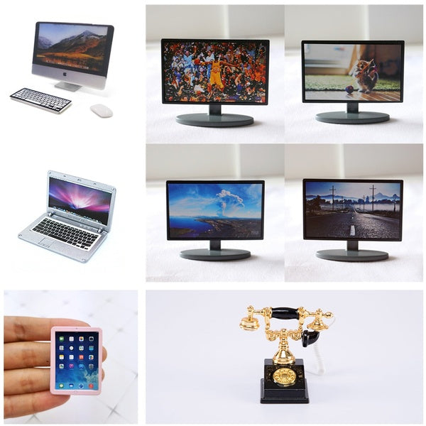 Dollhouse Accessories Mini TV- Laptop Computer PC -Tablet -Retro Telephone Model Miniatures Collection Kids Toy Matron Inn