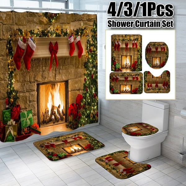 Christmas Decorations 1-3-4Pcs Merry Christmas Fireplace Pattern Bathroom Set Waterproof Shower Curtain Non-slip Bath Mats Toilet Seat Cover Floor Ma